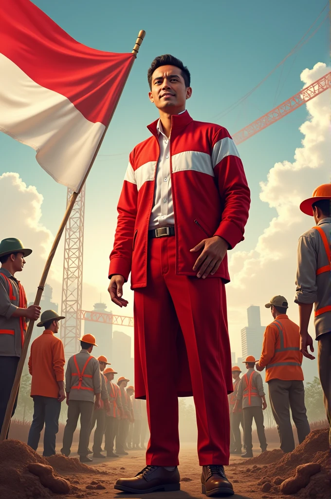 best quality,super detail ultra high resolution, ratio 16:9, depicts a handsome Indonesian man standing dressed in red and white Indonesian independence clothing inviting farmers and construction workers who are working to build the country, In the background there is a writing "GLORY TO MY COUNTRY" Happy 79th Anniversary of the Republic of Indonesia