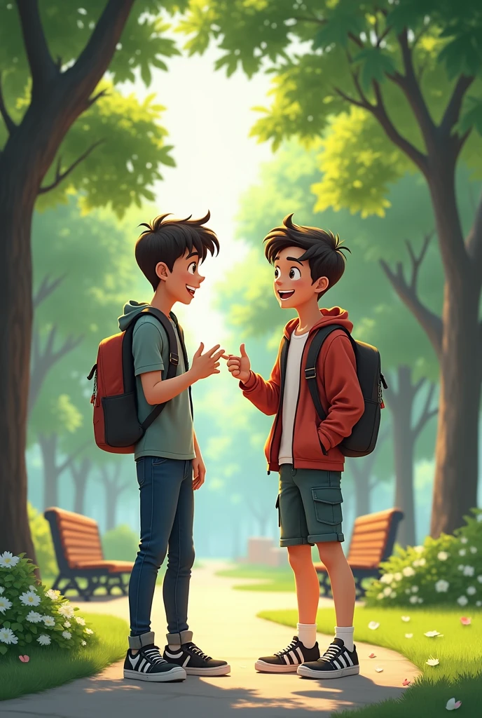 Two boys, aged 14 to 15 years, are talking to each other in the park. 