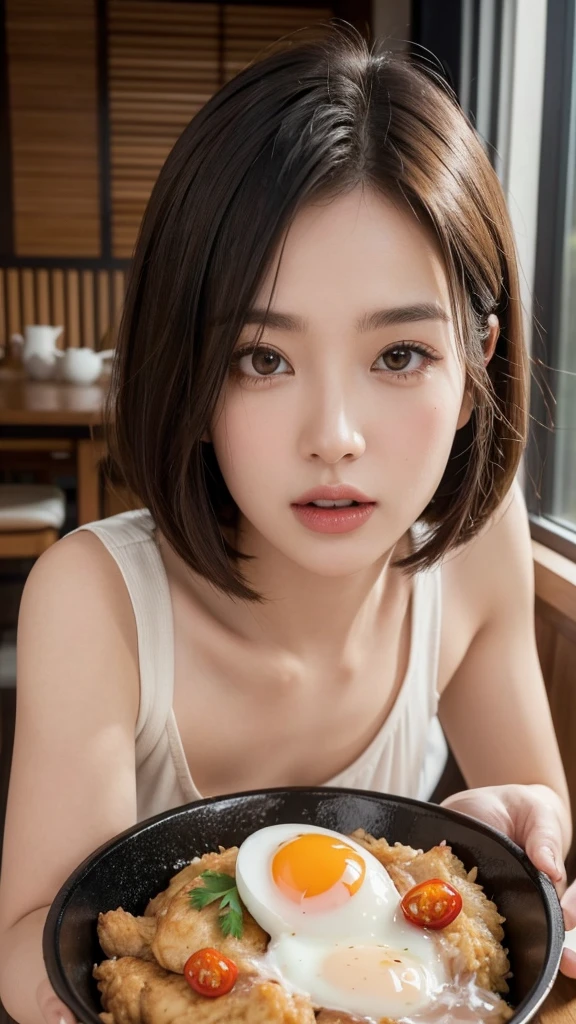Generate a hyper-realistic image of a young woman with large, expressive brown eyes and short, tousled brown hair, styled in a modern bob cut. She has a playful expression as she sticks out her tongue slightly, holding chopsticks close to her mouth, as if about to eat. The woman's skin is flawless with a soft, glowing complexion, and she wears subtle makeup with rosy cheeks and pink lips.In front of her is a black bowl with a serving of rice topped with a perfectly cooked sunny-side-up egg. Surrounding the rice are pieces of golden-brown fried chicken, garnished with a sprig of parsley and a cherry tomato. The background features a cozy, casual dining environment with wooden tables and chairs, and natural light softly illuminating the scene. The overall composition emphasizes the woman's playful and inviting demeanor, drawing attention to the food and her expressive face.