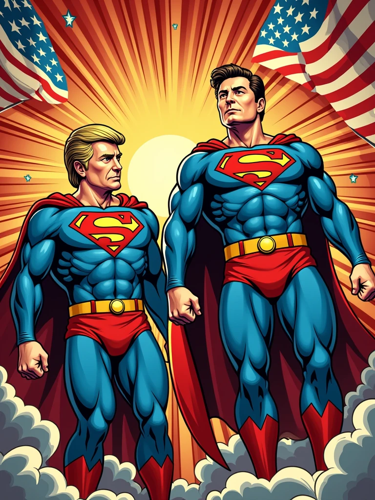 1960’s style comic book cover showing donald trump and  elon musk dressed as patriotic American superheroes —ar 5:8
