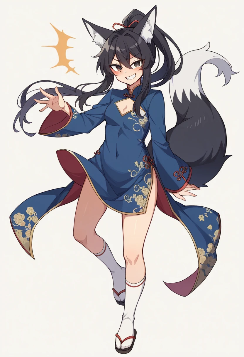1 girl、solo、Long Hair、chest、Staring at the audience、blush、smile、skirt、Simple Background、Black Hair、Knee socks、Long sleeve、White background、Animal Ears、Are standing、tail、whole body、ponytail、China dress、赤いChina dress、teeth、Hair above one eye、Grin、black eye、白いKnee socks、Animal Earsの毛、Fox Ears、皮膚のteeth、Fox'stail、、Sandals、Fox's、
