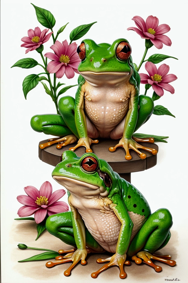 Realistic frog, detailled, true to original representation, with colorful flowers, Anime to print on request 