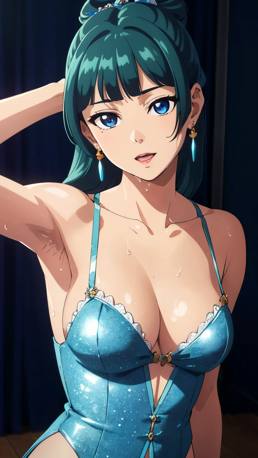 a beautiful detailed anime style girl with long green hair, detailed blue eyes, intricate hairstyle with half-updo and slightly dull bangs, slim body, wearing lingerie with exposed shoulders and earrings, in a dynamic angle with a youthful and sparkling expression, looking directly at the viewer, set against a bright and colorful background with detailed lighting, (best quality,8k,highres,masterpiece:1.2),ultra-detailed,(realistic,photorealistic,photo-realistic:1.37),dynamic angle,teen style,indoor,detailed green hair,detailed blue eyes,intricate hairstyle,long hair,slim body,sparkling eyes,youthful,hair accessories,earrings,half-updo,slightly dull bangs,detailed lighting,bright colors,looking at viewer,in center of image,cowboy shot,sweaty,armpits,((close up armpits)),dripping wet armpits