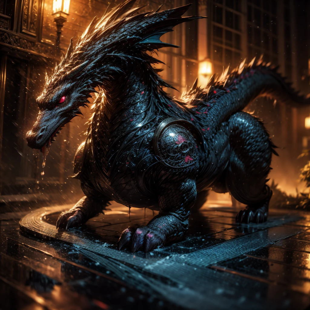 (Full Body), a girl with pink eyes, long purple hair in a high ponytail, liquid hair, dragon girl, flowers, (Huge dragon head) in background, negative space, TopQuality 8k UltraDetailed Masterpiece, realistic, photorealistic, HDR ultra-fine painting, sharp focus, physically-based rendering, extreme detail description, professional, Bright colors, bokeh, (Exposed:0.5)