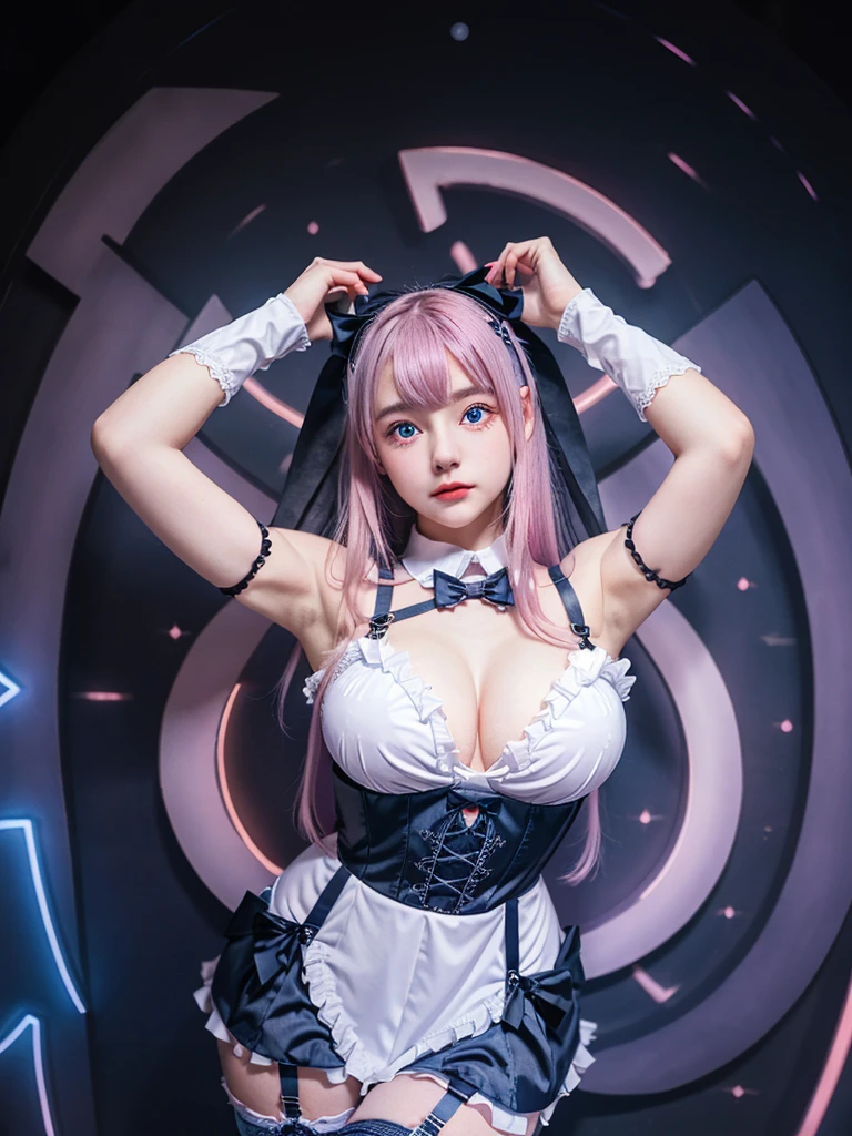 Gorgeus Girl, Beautiful, Baby Face, 20 Years Old, White Skin, Colossal Breasts, Side Pose, Gothic Straps, White Gothic Outfit Costumes Halloween, Blue Eye, Muscles, Bokeh, Modern Place Background, Masterpiece, Fullbody Shot, Straight Pink Hair, ((night:1.3)), Pastel Colour, ((Halloween Background)), Long Gloves, ((Holdup Stocking)), ((Showing Her Armpit))