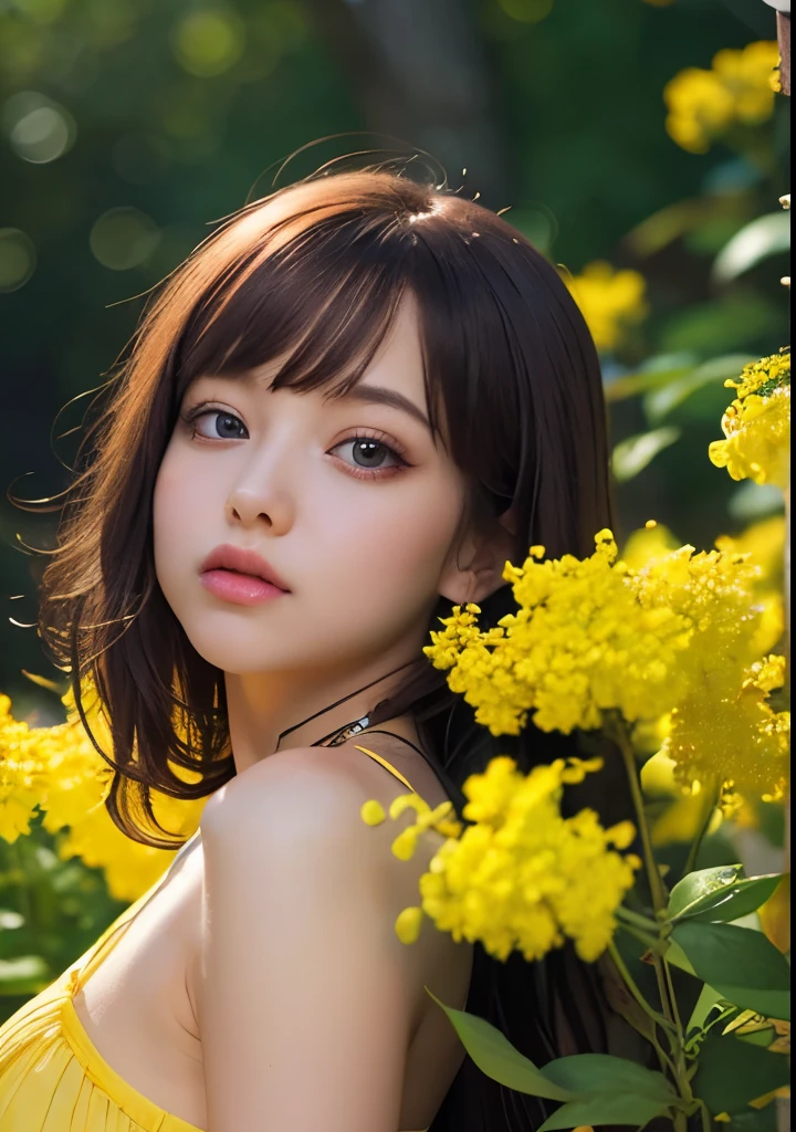 Psychedelic world、Gothicta、Cute 1、18-year-old girl、Big eyes、Small breasts、Light Goldenrod Yellowの髪、Colorful flowers background、Fractal Background、Perfect lighting、Sharp focus、High resolution、High resolution、High color reproducibility、High resolution、Advanced Processing、Ultra-realistic、Realistic 