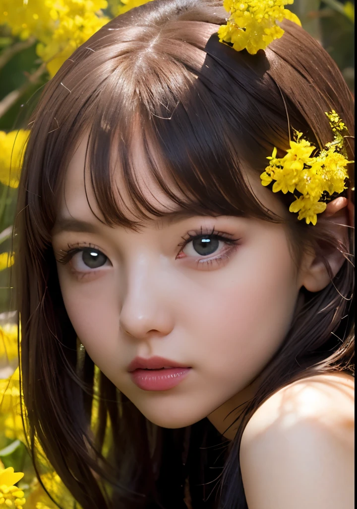 Psychedelic world、Gothicta、Cute 1、18-year-old girl、Big eyes、Small breasts、Light Goldenrod Yellowの髪、Colorful flowers background、Fractal Background、Perfect lighting、Sharp focus、High resolution、High resolution、High color reproducibility、High resolution、Advanced Processing、Ultra-realistic、Realistic