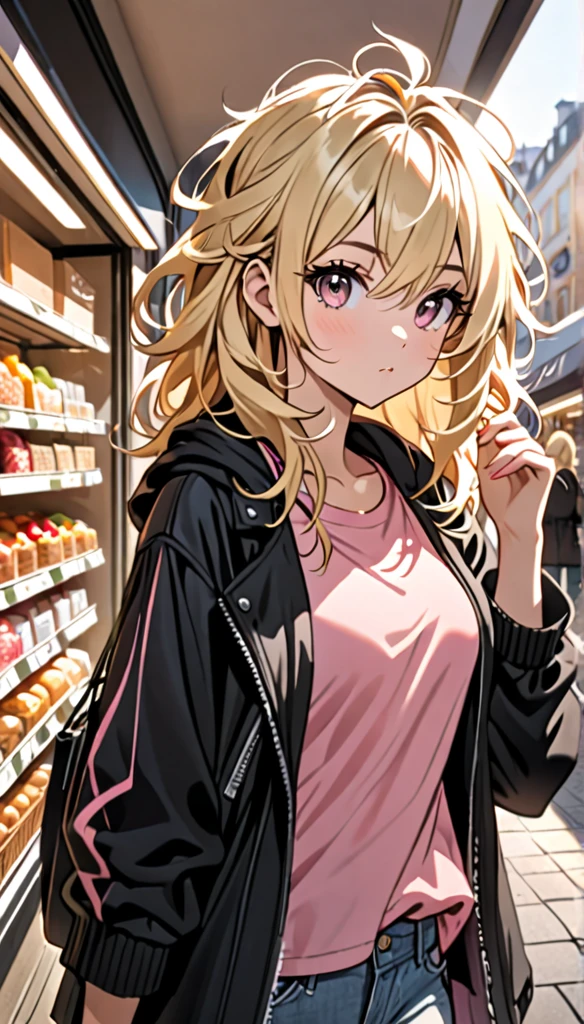 Beautiful and blond, messy styled hair, wearing a black jacket, pink shirt, morning, shoping, looking at the viewer,