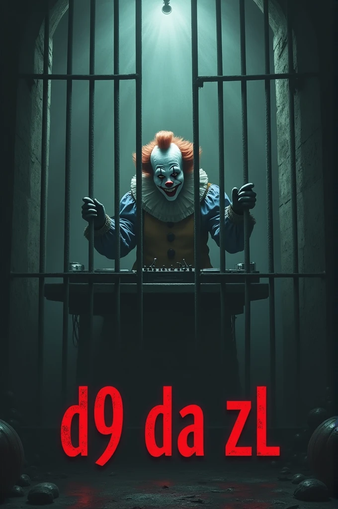 make an image with a horror look, bars and a clown and on the front it says "dj c9 da zl", and the photo needs to have a grayish look with little color
