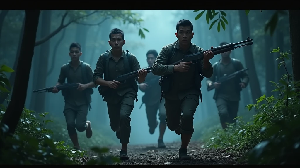5 khmer men holding gun on their hand and running in the forest at night 8k  