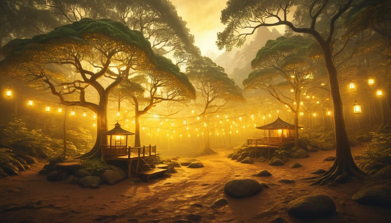 Aesthetic illustration in realistic style, Majestic tree in the center of the picture, several cozy wooden tree houses, Cozy tree huts glow yellow, vintage lanterns hang on the tree, Magical foggy forest in the background, masterpiece, very beautiful illustration, Rich in Detail and Color, (Iridescent: 1.2), (Glow, Atmospheric Lighting), Dreamy, Magical, (Solo: 1.2) dreamy, ethereal, ultra-detailed, Strong contrast, Good depth of field, 8K wallpaper, Masterpiece, Aesthetic illustration in realistic style, best quality, natural light, high res, highly detailed. At its base is a house, its lights glowing in the dimness of the tropical forest gloom, lights hang in the air, ethereal and mystical, magical atmosphere, beautiful and dreamy, fantasy style, dreamlike fantasy art, Photorealistic drone photo of a mountain slope.