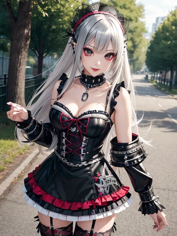 sexy stylish Japanese model, only 1 female, long Blonde hair with Red roots and Black tips. ((shiny Punk-Style boots)), smile, Punk makeup, lip gloss, ((sexy Punk ta cosplay)), unconventional skirt, petticoats, high neckline, ((ultra detailed lace)), ((ultra detailed embroidery)), intricate details, tartan patterns, ((silver chains)), ((silver spikes)), ((safety pins)), Punk LoliPunk Lolita cr, ((large sparkling Punk Lolita, cinec light, detailed large park background with trees
