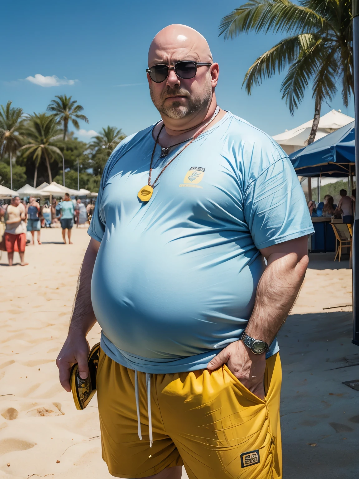 Typical British holiday-maker, esplanade, fat belly, middle-aged, bald and sweating, wraparound sunglasses, scowling at viewer, miserable looking, fat neck, swigging can of lager, wearing baggy blue and yellow football shirt and long baggy shorts, badly sunburnt head