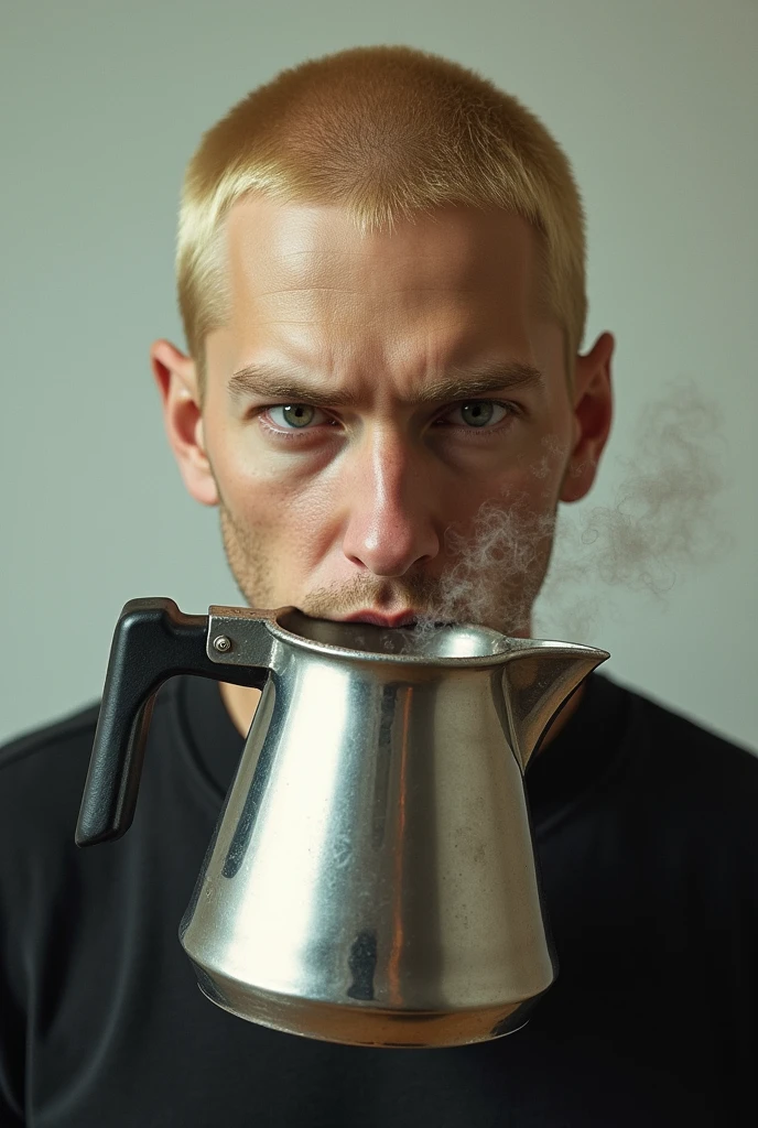 Eminem drinking an awfully hot coffee pot