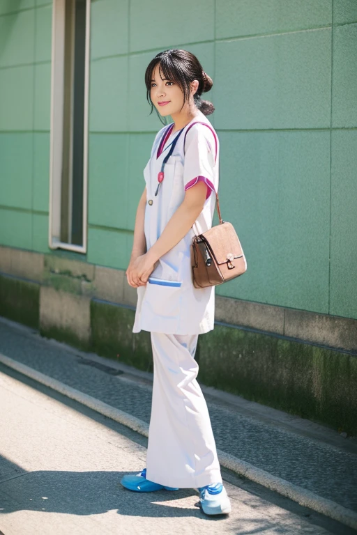 Aiki Enami walking around town in a nurse's uniform, Medium brown hair, Big Butt, Big Breasts, Japanese Beauty,