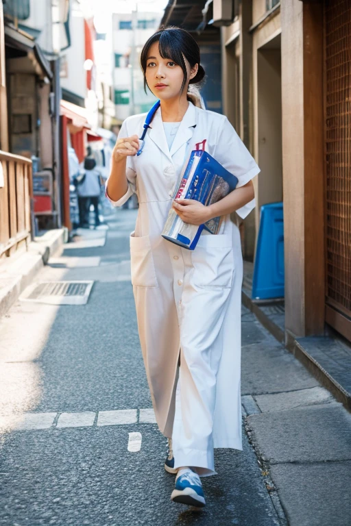 Aiki Enami walking around town in a nurse&#39;s uniform, Medium brown hair, Big Butt, Big Breasts, Japanese Beauty,