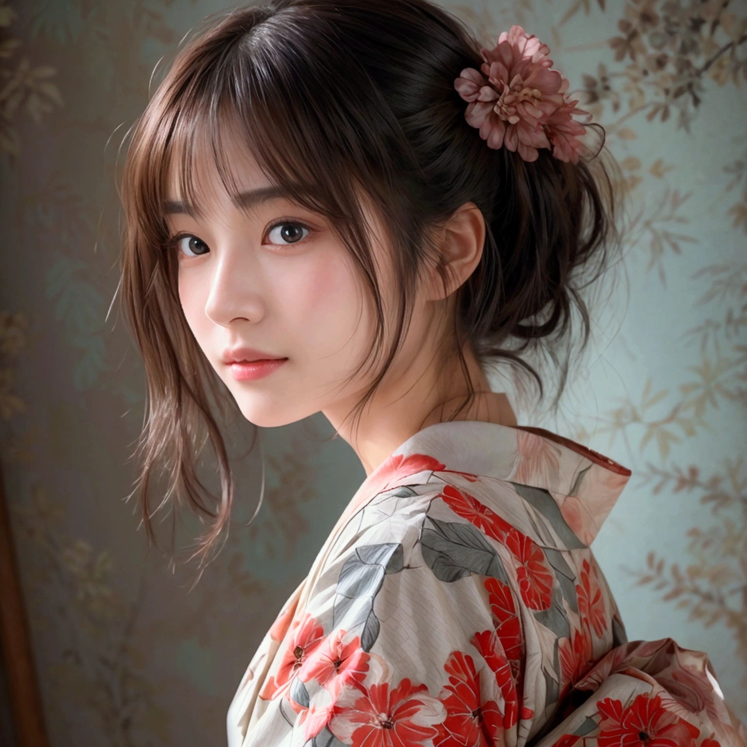 (masutepiece, Best Quality:1.4), Beautiful face, 8K, 85 mm, absurderes, (japanese kimono:1.4), The upper part of the body, cleavage of the breast、Facing the camera、 violaceaess, gardeniass, Delicate girl, Solo, Night, Looking at Viewer, Upper body, Film grain, chromatic abberation, Sharp Focus, face lights, Professional Lighting, Sophisticated, (Smile:0.4), cleavage, (Simple background, Bokeh background:1.2), Detail Face