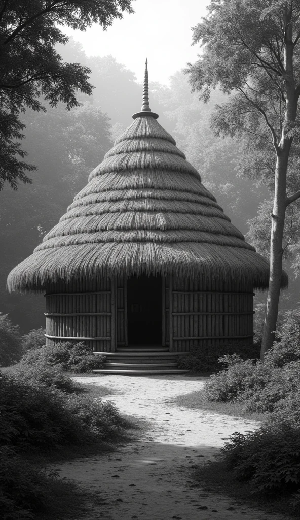 A Vedic-era village hut with huts made of straw, walls made of bamboo. Filled with forest around the village black and white image generate realistic