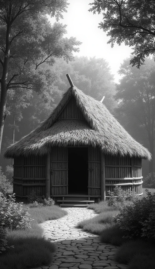 A Vedic-era village hut with huts made of straw, walls made of bamboo. Filled with forest around the village black and white image generate realistic