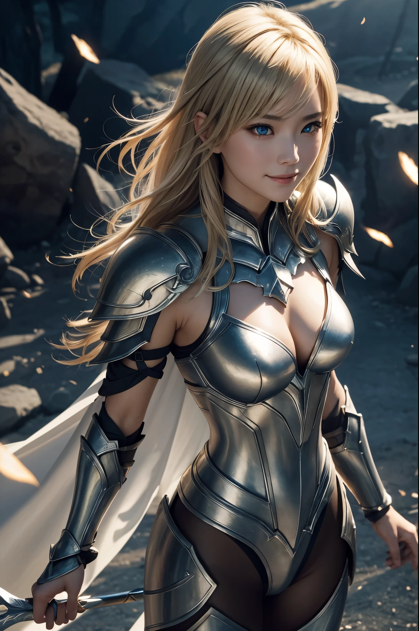 8k、Very detailedな、masterpiece、Highest quality、(Very detailed)、Short blonde bobヘアのAmerican Woman,Dynamic Angle、Mysterious look、Wind effects、Fantasyの背景、Rim Light、Cinematic Light、Ultra-high resolution、8k,Film Grain、Best Shadow、delicate、to be born、Particles of light、Fine skin、Detailed Armor Textures、Detailed face、Complexディテール、Very detailedなな、Shine、A powerful deception、Silver Armor、Big and ample breasts,Scapula、Shine目、 Long Cape、Fantasy、(to be bornきto be bornきとした)、Shoulder Armor、Complex、Complex、Perfect lighting、Looking at the audience、Cinema Lighting、Holy Light、wonderful、bangs、the wind is strong、Frozen Mountain々々、The Lich Queen,sexy,Charm,Short blonde bob,精密な装飾が施されたsexy胸部アーマー,Top view,smile,sexy胸元,The abdominal muscles are intense and defined,Accentuate your cleavage,Dynamic Fighting Pose,American Woman,blue eyes,sexy衣装,Showing very large cleavage,