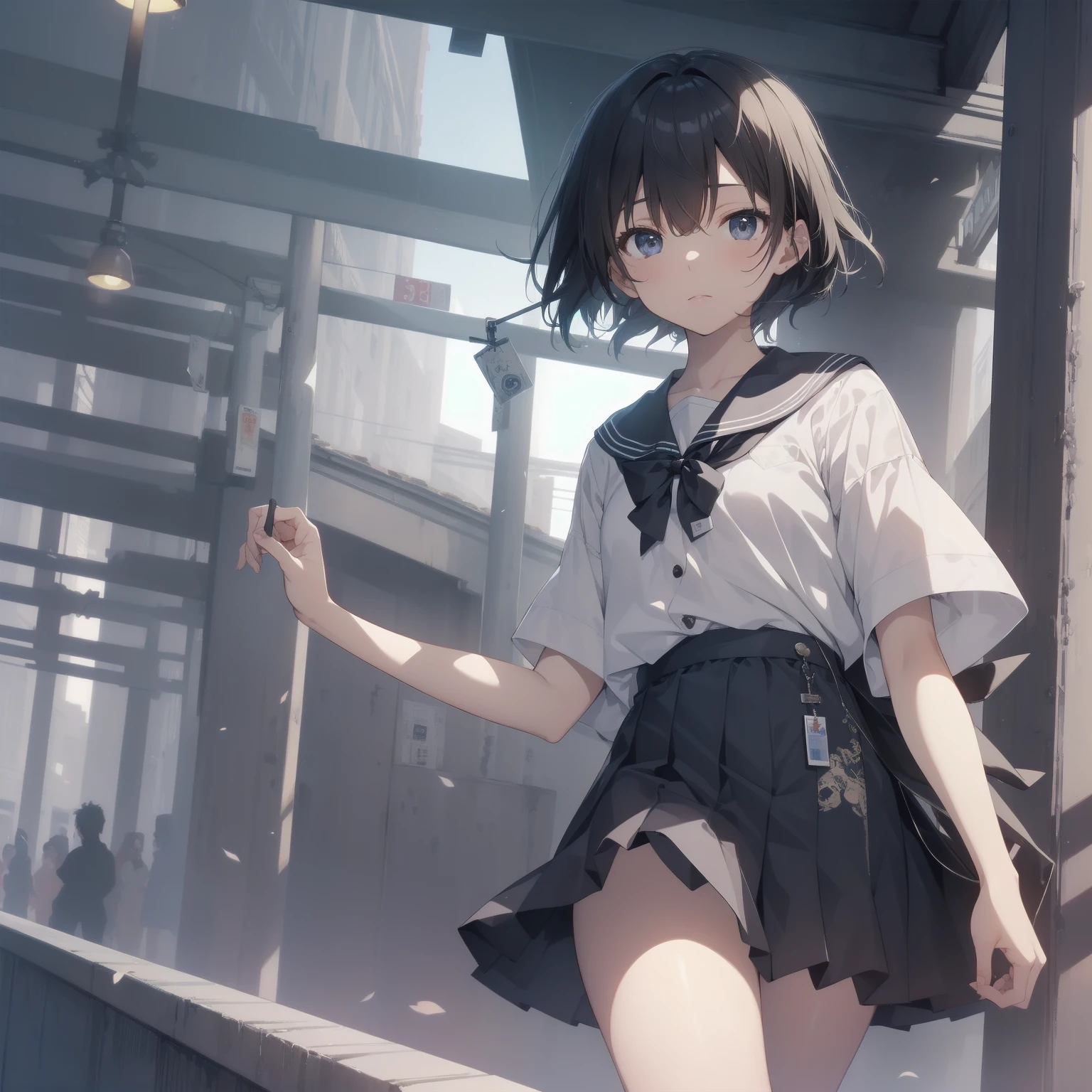 ultra-absurdres-Top quality by artist God, ultra-detailed, high resolution, anime moe artstyle, best anime 8k konachan wallpaper, pixiv contest winner, pool:2810, perfect anatomy,break, 1girl, (Please draw a girl walking sleepily to school alone. )break,(Solo,little female, 13-year-old:1.3),Full limbs, complete fingers,a junior high school student, (very short hair), short cut, flat chest, , small butt, small black eyes, beautiful detailed eyes, well-proportioned iris and pupils, expressive eyes, highres detailed hair, soft expression, salor school_uniform, sailor collar, serahuku, bow, pleated skirt,(Detailed Lighting), (Detailed background), in the School commute route. break,super detailed skin, Best cinematic lighting powered by famous artist, 8k,beauty illustration,photoshop_(medium),very aesthetic,break,((artist:creayus )), artist:clamp ,artist:carnelian ,artist:kantoku ,

