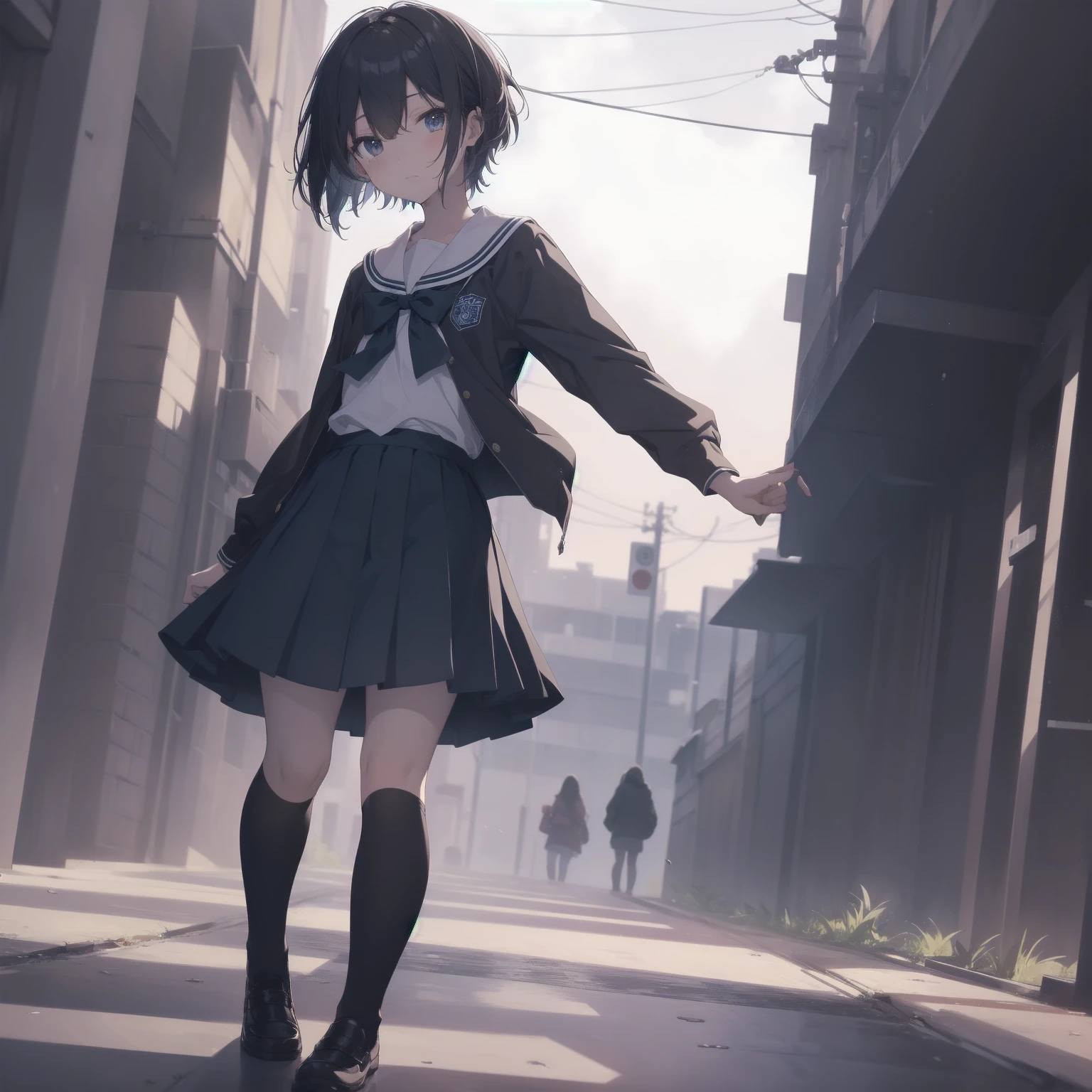 ultra-absurdres-Top quality by artist God, ultra-detailed, high resolution, anime moe artstyle, best anime 8k konachan wallpaper, pixiv contest winner, pool:2810, perfect anatomy,break, 1girl, (Please draw a girl walking sleepily to school alone. )break,(Solo,little female, 13-year-old:1.3),Full limbs, complete fingers,a junior high school student, (very short hair), short cut, flat chest, , small butt, small black eyes, beautiful detailed eyes, well-proportioned iris and pupils, expressive eyes, highres detailed hair, soft expression, salor school_uniform, sailor collar, serahuku, bow, pleated skirt,(Detailed Lighting), (Detailed background), in the School commute route. break,super detailed skin, Best cinematic lighting powered by famous artist, 8k,beauty illustration,photoshop_(medium),very aesthetic,break,((artist:creayus )), artist:clamp ,artist:carnelian ,artist:kantoku ,