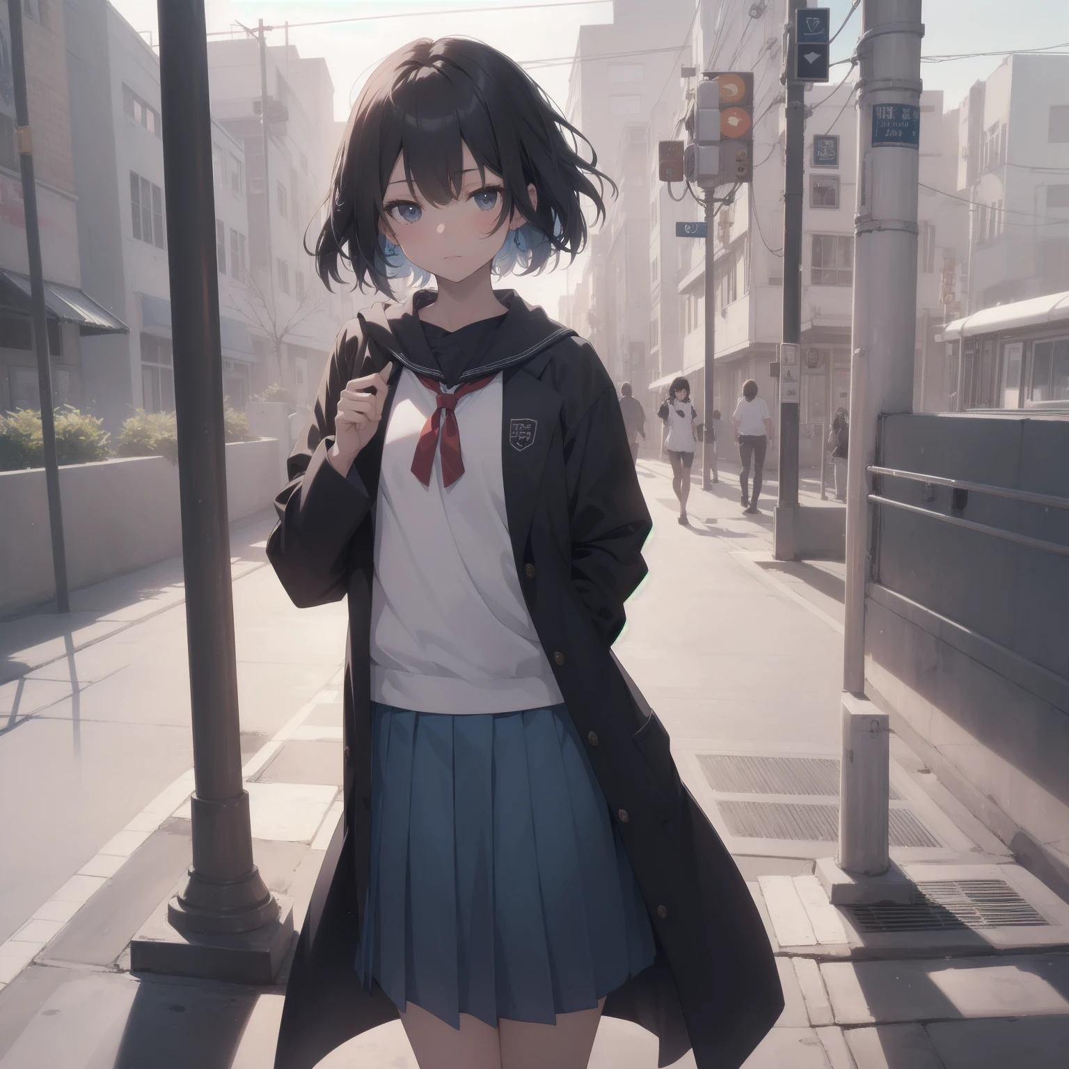 ultra-absurdres-Top quality by artist God, ultra-detailed, high resolution, anime moe artstyle, best anime 8k konachan wallpaper, pixiv contest winner, pool:2810, perfect anatomy,break, 1girl, (Please draw a girl walking sleepily to school alone. )break,(Solo,little female, 13-year-old:1.3),Full limbs, complete fingers,a junior high school student, (very short hair), short cut, flat chest, , small butt, small black eyes, beautiful detailed eyes, well-proportioned iris and pupils, expressive eyes, highres detailed hair, soft expression, salor school_uniform, sailor collar, serahuku, bow, pleated skirt,(Detailed Lighting), (Detailed background), in the School commute route. break,super detailed skin, Best cinematic lighting powered by famous artist, 8k,beauty illustration,photoshop_(medium),very aesthetic,break,((artist:creayus )), artist:clamp ,artist:carnelian ,artist:kantoku ,