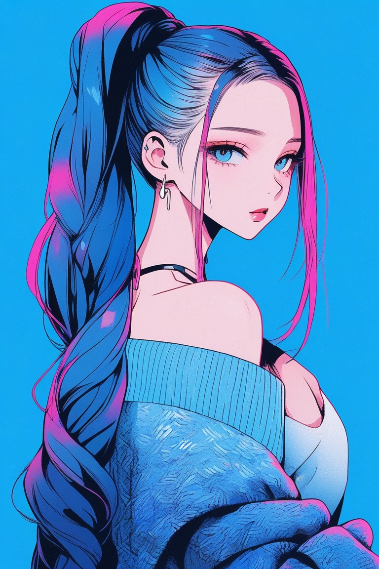 Illustrator, anime , Realistic ,sketch , 1 person, ,lip, Off-the-shoulder sweater, (((whole body))), order, Blue gradient background, Neon long ponytail hair,Texture Trim, Canadian, (masterpiece,Highest quality) cancer