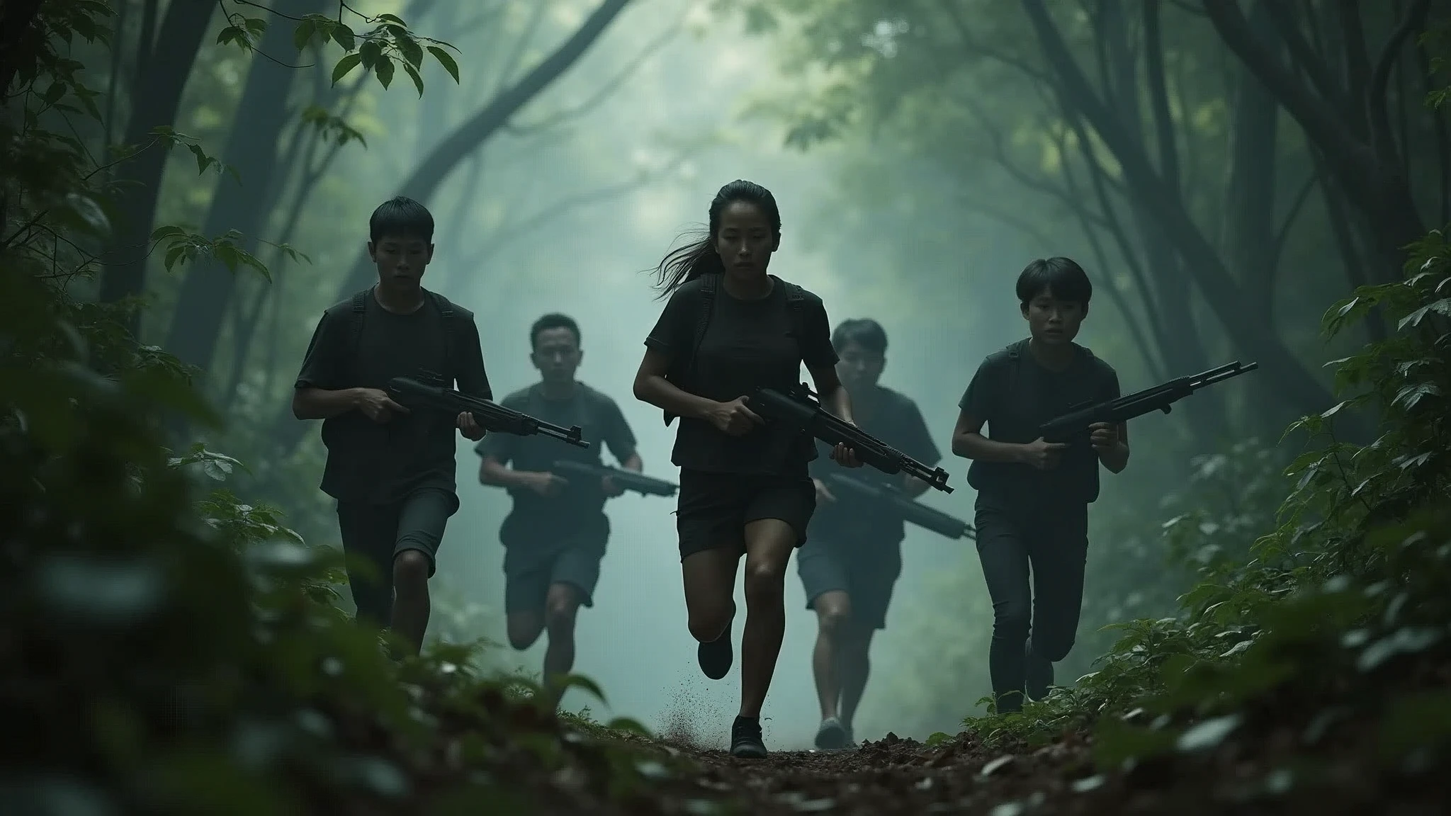5 Thai people running in the dark forest and holding gun on their hand 8k  