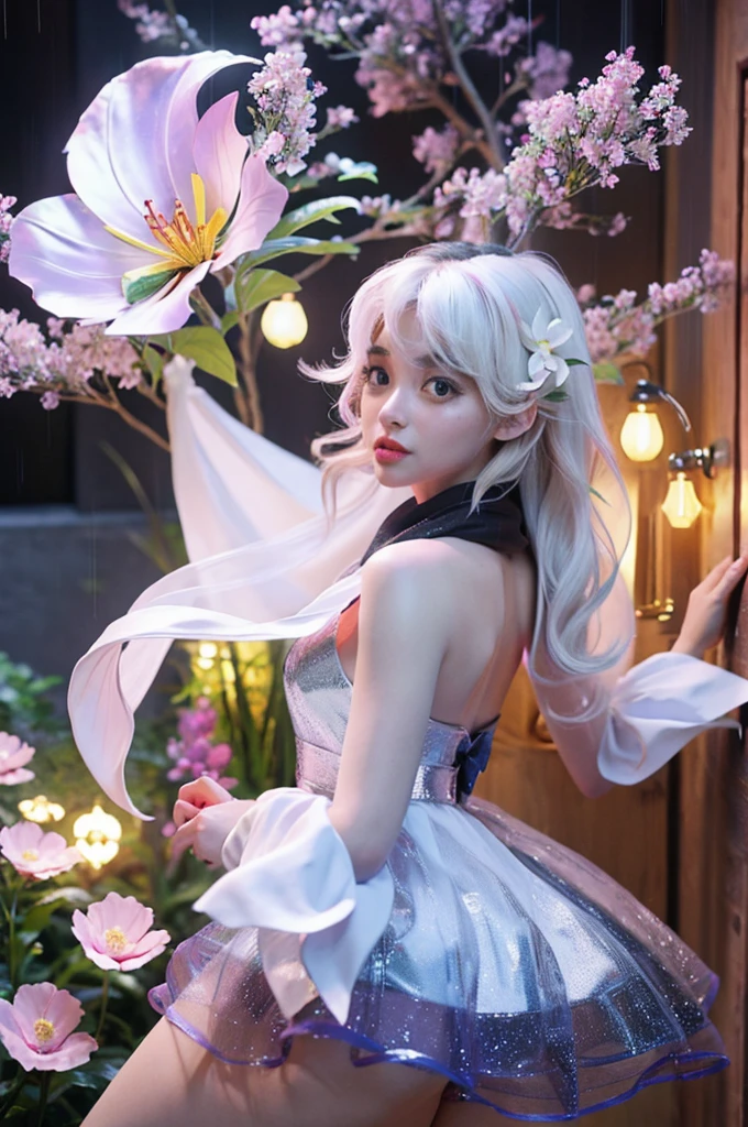 Fairy Skirt, One hand resting on his lips、周围头发有白Butterfly兰,Lilac dendrobium、orange lily、White Lily、1 girl、Full body image、White hair、Floating hair、Hazy Beauty、Full breasts, Chopping, Have extremely beautiful facial features、Hairpin on head、Lying in the flowers、Drag your chin with both hands、Perfect hands、Rosette、(spring、Rainy Day、Butterfly、cliff)、 Vector Art、Chinese Contemporary Art、Soft lighting、intertwined scarves、look down