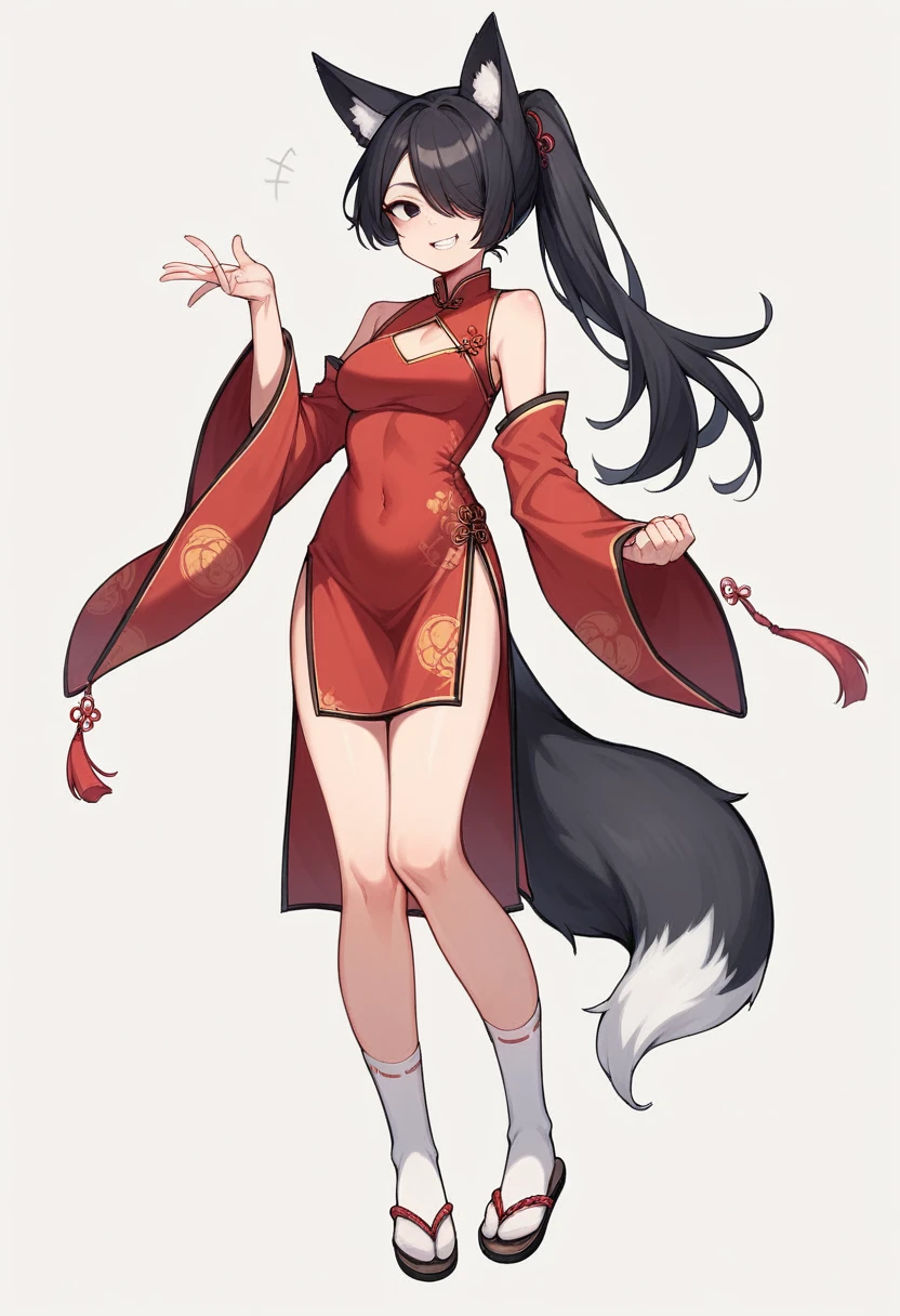 1 girl, solo, long hair, chest, staring at viewer, blushing, smiling, skirt, simple background, black hair, knee socks, long sleeves, white background, animal ears, standing, tail, full body, ponytail, cheongsam, red cheongsam, teeth, hair over one eye, smirk, black eyes, white knee socks, animal ear hair, fox ears, skin teeth, fox tail, sandals, fox,