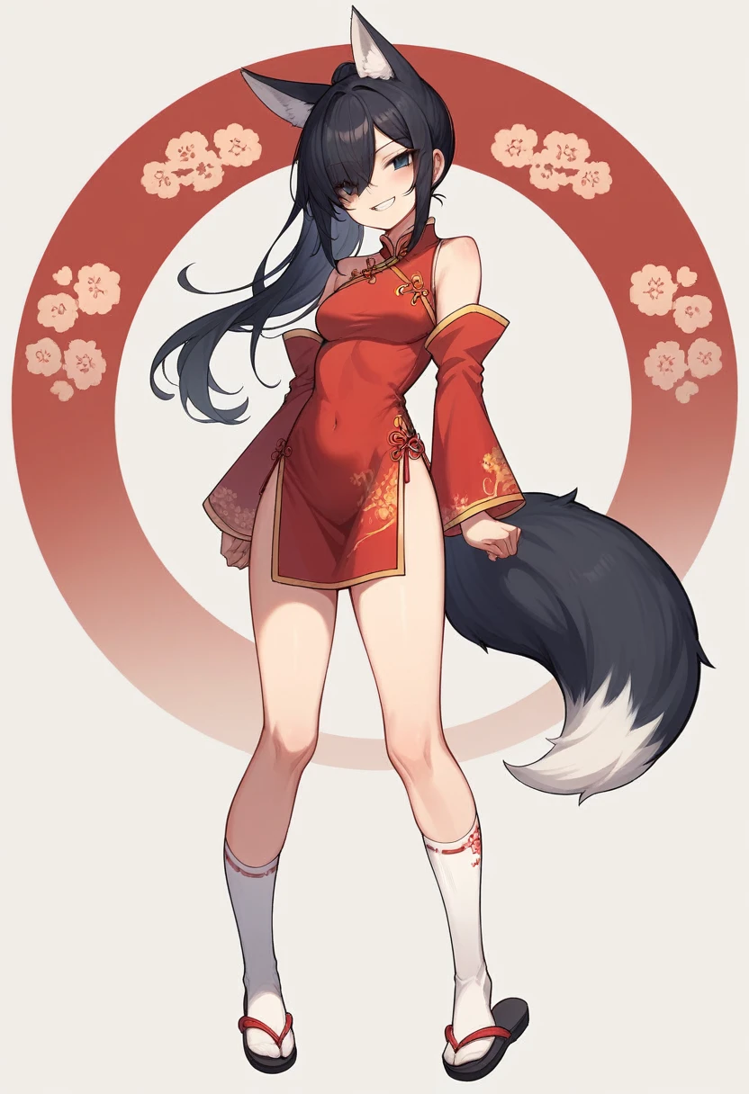 1 girl, solo, long hair, chest, staring at viewer, blushing, smiling, skirt, simple background, black hair, knee socks, long sleeves, white background, animal ears, standing, tail, full body, ponytail, cheongsam, red cheongsam, teeth, hair over one eye, smirk, black eyes, white knee socks, animal ear hair, fox ears, skin teeth, fox tail, sandals, fox,