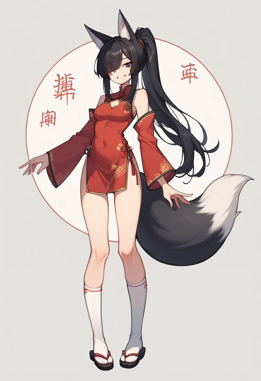 1 girl, solo, long hair, chest, staring at viewer, blushing, smiling, skirt, simple background, black hair, knee socks, long sleeves, white background, animal ears, standing, tail, full body, ponytail, cheongsam, red cheongsam, teeth, hair over one eye, smirk, black eyes, white knee socks, animal ear hair, fox ears, skin teeth, fox tail, sandals, fox,