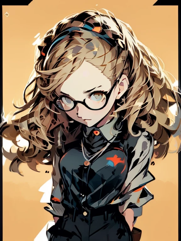 ((chibi)), big head, focus face, flat avatar, in the art style of persona5, (masterpiece:1.2, highest quality), (Realistic, photoRealistic:1.4), Beautiful illustrations, (Natural Side Lighting, Cinema Lighting), Written boundary depth, Beautiful thighs staring at the viewer, 1 female, 20-year-old, alone, thin, slender, (small breasts), long Hair, curly Hair, Forehead, Forehead, Forehead, Forehead, thin, slender, glasses, ((Skinny black pants, collared shirt)), Are standing, (((glasses))), ((Close-up)), ((Close-up)), ((Close-up))