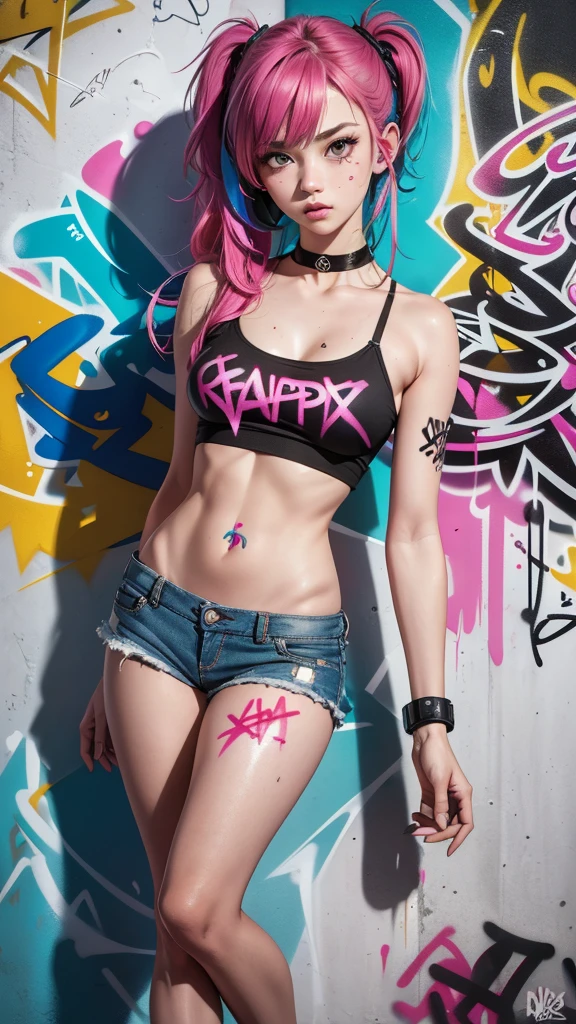 1 girl, Alone, full body, denim shorts, choker, (graffiti:1.5), paint splashes, against wall, looking at viewer, armband, Thigh strap, body paint, Leaning over, bored, short hair, eyes water, cute