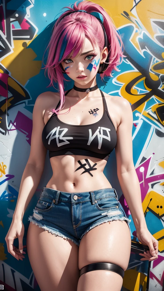 sfw, (close up), beautiful girl, full body, short bright blue dishevelled hair, black eyeshadow, (street style wear:1.2), ((tight fitted pants)), ((knee high leather boots)), (city night background:1.2), dark makeup, digital art, trending on artstation, highly detailed, fine detail, intricate, beautiful detailed glow, detailed, Cinematic light, high-res, detailed facial features, sharp focus, smooth, aesthetic, (Masterpiece),(Curesky), by jamie christopher hewlett, Unzoomed, ((tank girl)), (cloth less),Pretty Cure!,(Cute face), Big bust,Very cute,Beautiful woman,Beautiful face, happy, Full body, Beautiful realistic waifu style girl, hyperdetailed painting, luminism, art by Carne Griffiths and Wadim Kashin concept art, 8k resolution, fractal isometrics details bioluminescence , octane render, intricately detailed , cinematic, trending on artstation, cyberpunk desert, pop, Isometric Centered hyperrealistic cover photo awesome full color , gritty, realistic mucha , intricate, hit definition , cinematic,Rough sketch, bold lines, on paper, ethereal background, abstract beauty,stand, approaching perfection, pure form, Golden ratio, minimalistic, unfinished, concept art, intricate details, 8k post production, high resolution, hyperdetailed, trending on artstation, sharp focus, studio photo, intricate details, highly detailed, Pixar Studio style, punks, pop,masterpiece, best quality, 1girl, solo, crop top, denim shorts, choker, (graffiti:1.5), paint splatter, arms behind back, against wall, looking at viewer, armband, thigh strap, paint on body, head tilt, bored, multicolored hair, aqua eyes, headset, wearing bra,((skinny waist)), young asian girl, ((big )),