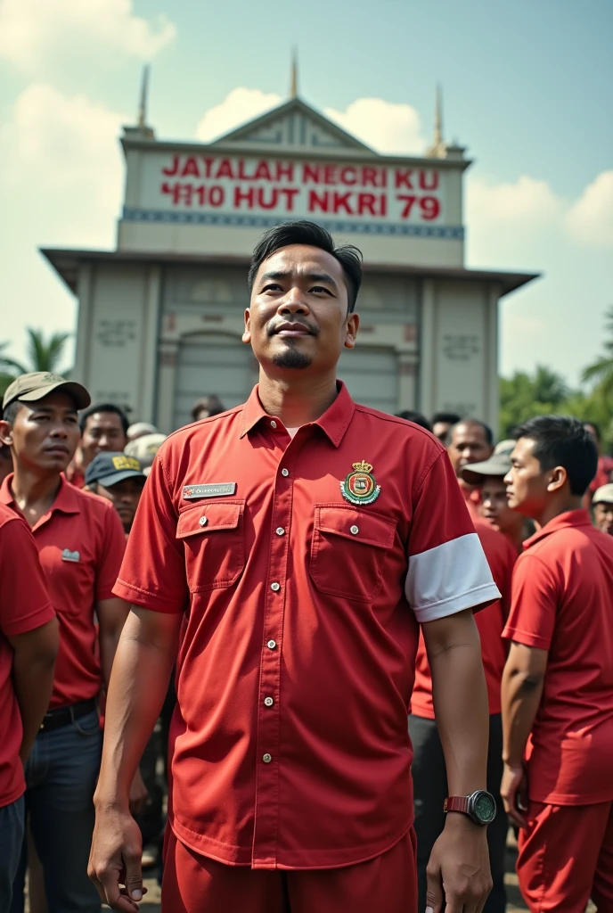 best quality,super detail ultra high resolution, ratio 16:9, depicts a handsome Indonesian man standing dressed in red and white Indonesian independence clothing inviting farmers and construction workers who are working to build the country, In the background there is an agricultural building with the words JAYALAH NEGERI KUDirgahayu HUT NKRI 79 written on it 