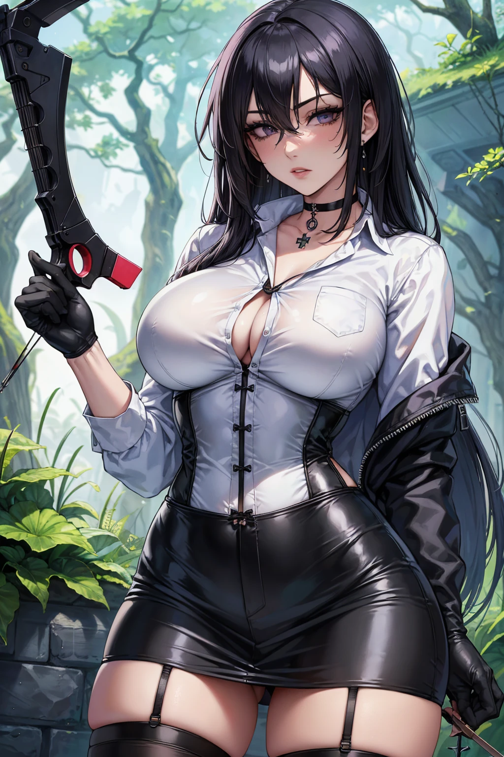 Masterpiece, Superior image quality, high resolution, 4k image,photo and gross, photorealistic, whole body, distant view, ung man of 15 years, {{{vagina}}}, big breasts, beautiful face, long black hair, black eyes, very detailed eyes, pink cheeks, serious expression, choker:1.6, (white collar button down long sleeve shirt), black gloves, gloves that cover hands, (holding a crossbow in his right hand), (black leather corset), (shiny black miniskirt), Sensual Lips, show details in the eyes, View from the front, looking at the viewer, dark forest path, evening, Atmosphere, fog
