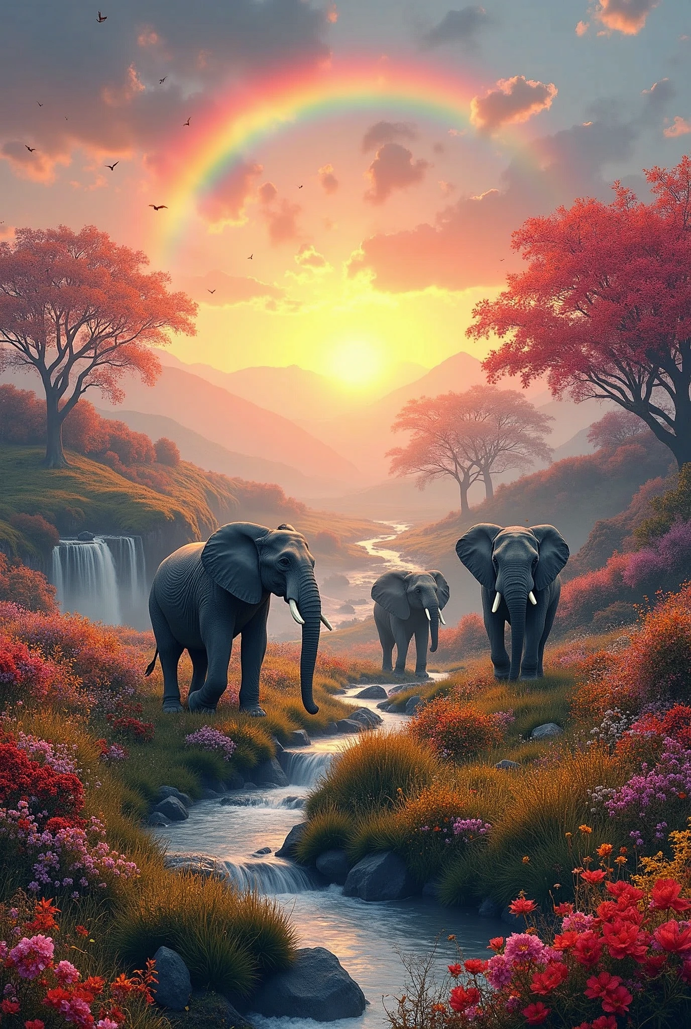 Beautiful land, mix seasons, colorfull, in the morning with sun rise, ultra HDR, aesthetic, falling leaps, rainbow, elephants