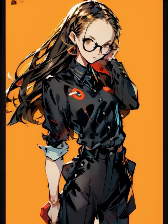 ((chibi)), big head, focus face, flat avatar, in the art style of persona5, (masterpiece:1.2, highest quality), (Realistic, photoRealistic:1.4), Beautiful illustrations, (Natural Side Lighting, Cinema Lighting), Written boundary depth, Beautiful thighs staring at the viewer, 1 female, 20-year-old, alone, thin, slender, (small breasts), long Hair, straight Hair, Forehead, Forehead, Forehead, Forehead, thin, slender, glasses, ((Skinny black pants, collared shirt)), Are standing, (((glasses))), ((Close-up)), ((Close-up)), ((Close-up))
