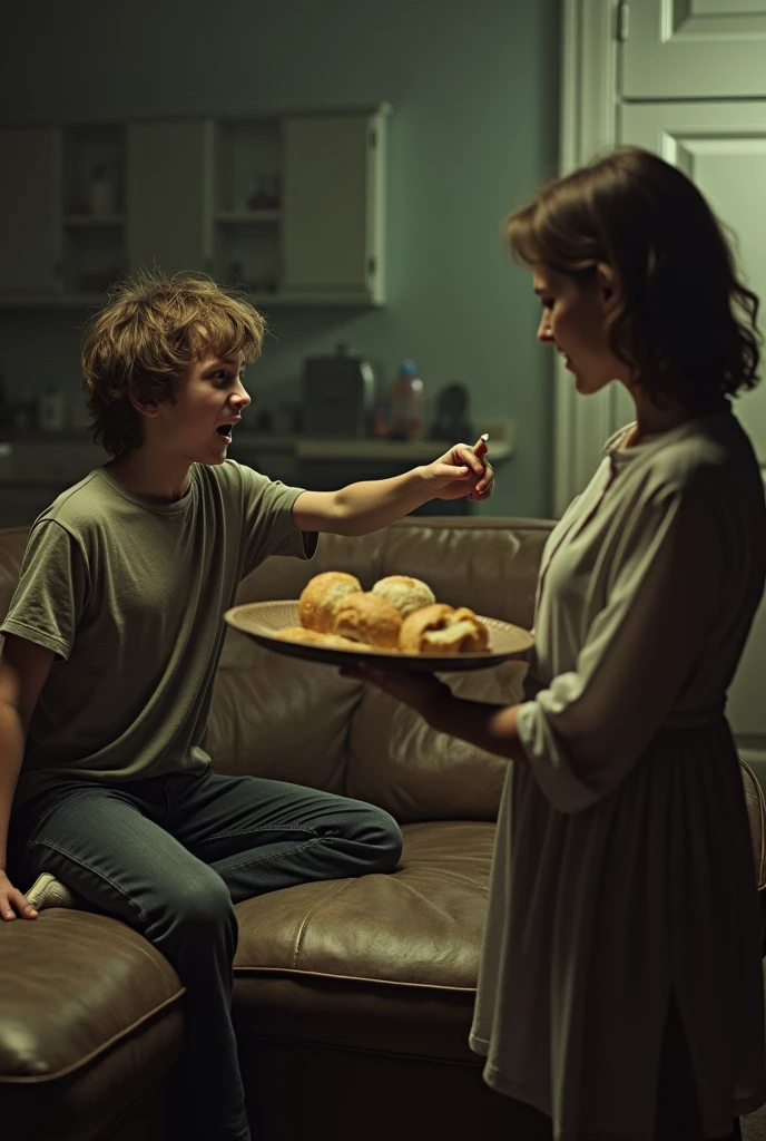 à vintage photo of a 13 year old boy with long, dirty  hair sitting on a large brown leather couch in the basement. he smokes a cigarette. he is angry and shouts as pointing at his mother, a woman of 40 years old, who is holding a tray with sandwiches