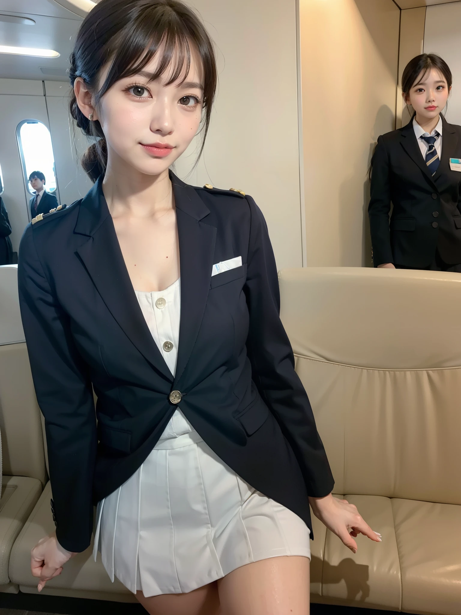 ((Best of the highest quality, 8k, Masterpiece, raw photo: 1.2)), (Sharp focus: 1.2), (1 AESPA, slim body type female, 21 y/o: 1.1), (solo: 1.28), (realistic, photo-realistic:1.37), cute face, finely eyes, (droopy eyes: 1.32), (Emphasize prominent aegyo-sal with bright: 1.2), shimmering eyeshadow applied under the lower lash line, paired with thick, (small breasts, flat chest, Thigh: 1.3), (short messy hair, bangs, updo: 1.2), (cabin attendant uniform, blazer, skirt: 1.32), walking airport terminal,