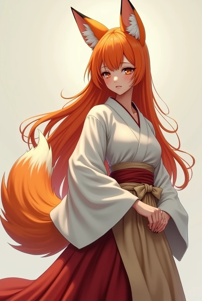 Draw me a beautiful girl with fox ears and a tail with orange hair, dressed in a white kemano with a long red skirt and a beige apron on top