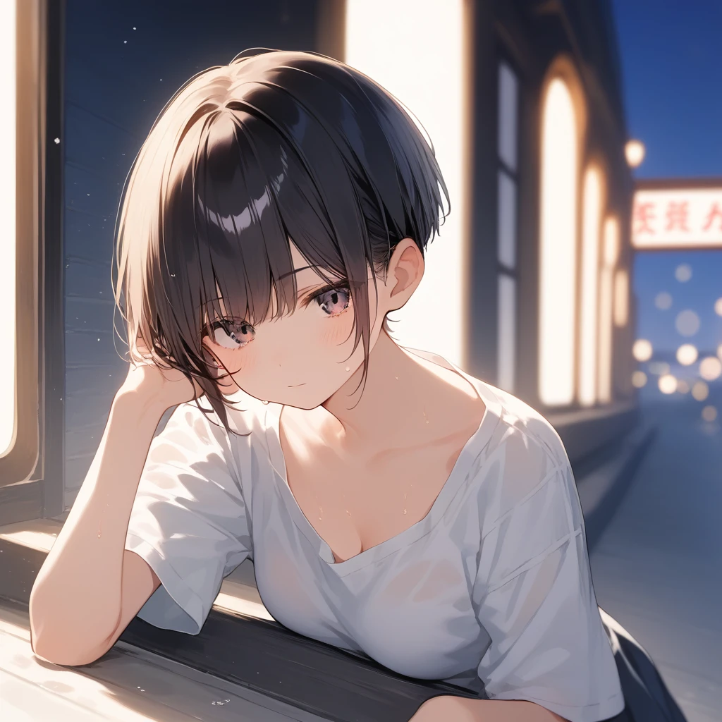 score_9, score_8_up, score_7_up, source_anime, best quality, masterpiece, official art, absurdres, highres, ultra-detailed,waifu2x,Collection: Pixiv 1000,break,1girl, jav idol, school girl, very short hair, pixie cut, medium breasts, slender, thighs, beautiful detailed eyes, expressionless, sweat, sleepily, (disgust:0.3), pov, night, outdoors, break,(clear line illustration:1.2), super detailed skin, shiny skin, very high resolution, very aesthetic, Best sexual lighting powered by famous artist, 4k, 8k, 16k, cute picture, beauty illustration,photoshop_(medium),,(Detailed Lighting),best anime 8k konachan wallpaper, pixiv contest winner,