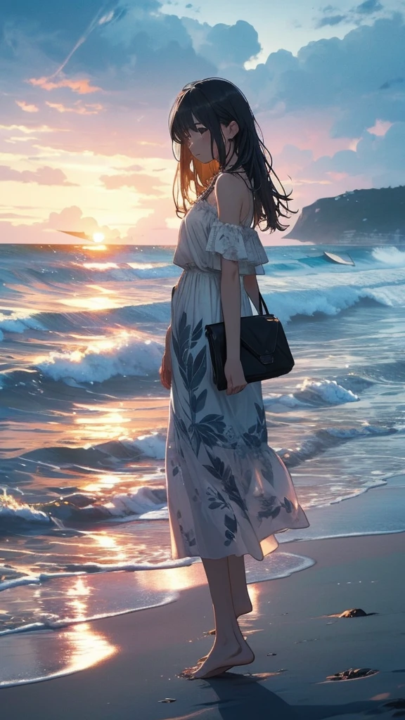 Dark sky and beach before dawn、Standing in the distance、barefoot、whole body、Landscape painting
