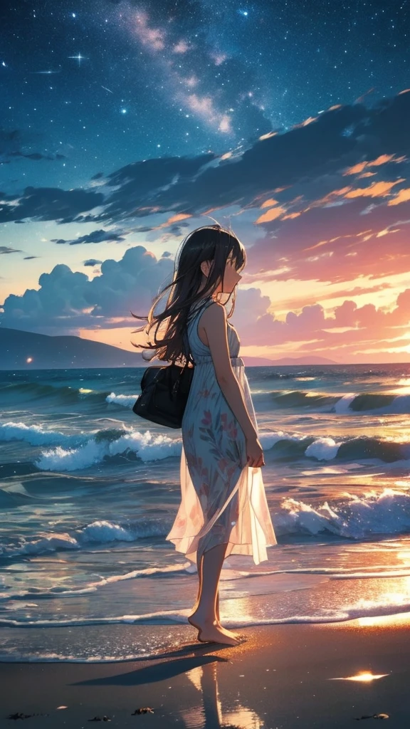 Dark sky and beach before dawn、Standing in the distance、barefoot、whole body、Landscape painting