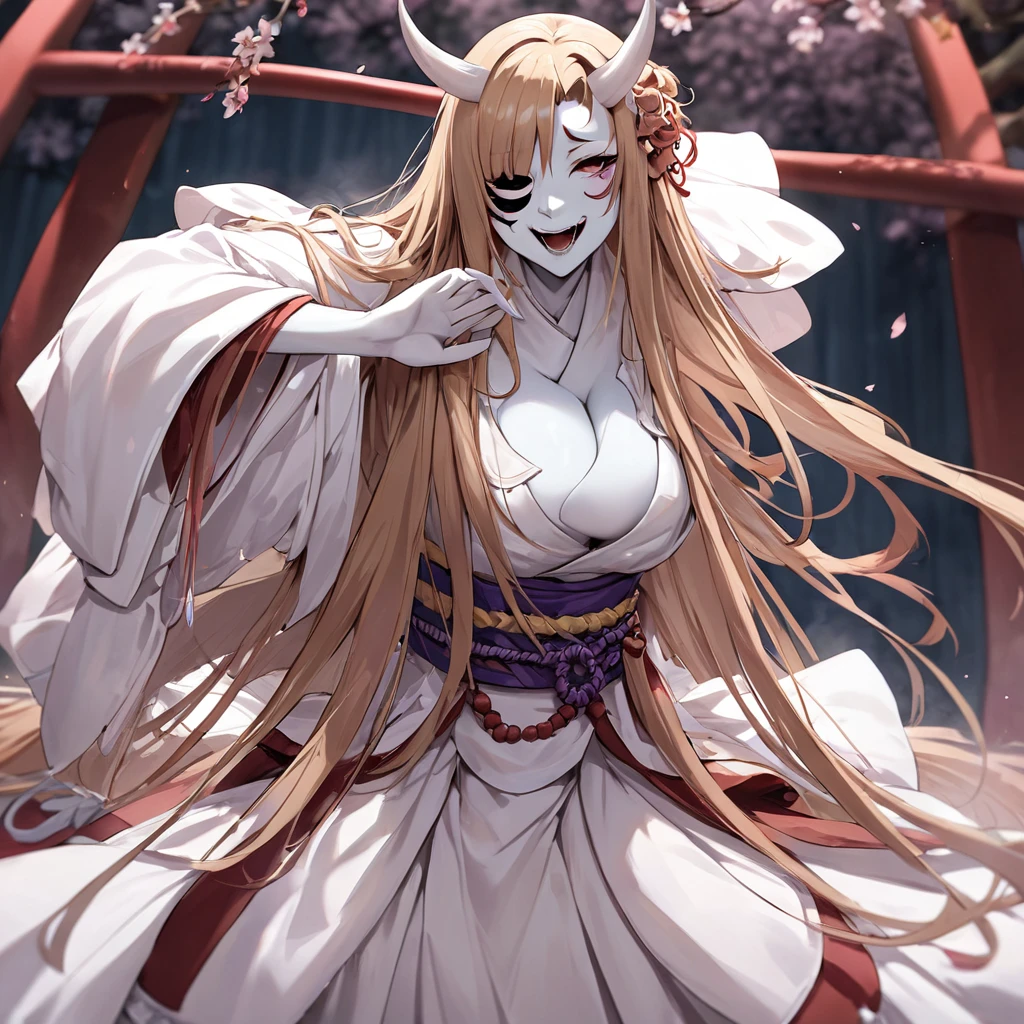 ((Highest quality)), ((masterpiece)), (detailed), (Perfect Face)、The woman in the Hannya costume is Yuuki Asuna, with light brown, semi-long hair and a Hannya mask covering her entire face, and her whole body is pure white skin.、The woman is in the state of Hannya in both body and mind, and her face is completely Hannya.、The woman is wearing a sexy, alluring, and provocative outfit, adorned with accessories.