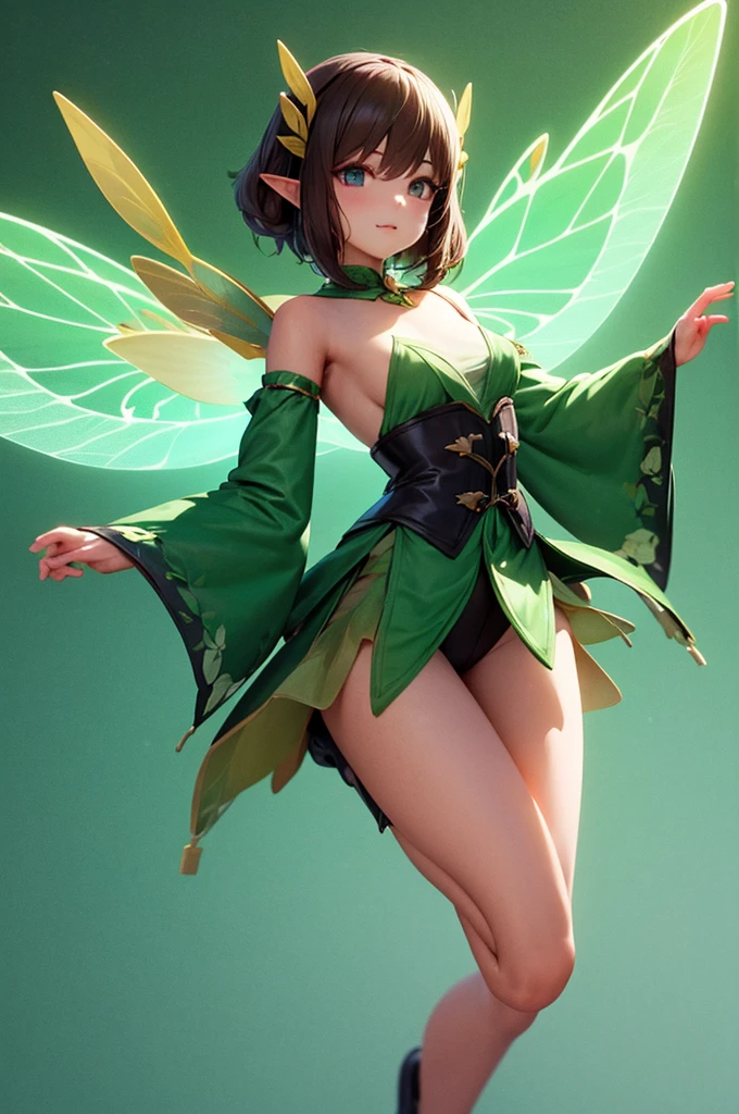 Anime girl in green and black outfit with wings and green background, Pixie character, Fairy, forest Fairy, Insect trainer, brunette elf with Fairy wings, Pixie, Cute 3D anime rendering, April Rendering, Fairy dance, Leg spread  