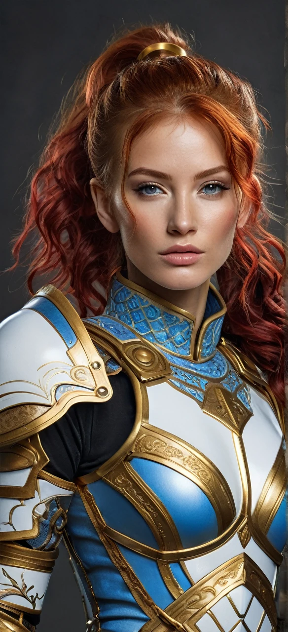 (8k, RAW photo, best quality, masterpiece:1.2), (realistic, photo-realistic:1.4), (extremely detailed CG unity 8k wallpaper), a full body (rogue:1.1) female wearing gold (leather armor:1.3), stiched worn out armor, (insanely detailed:1.5), gold and (white:1.5), Concept art portrait by Greg rutkowski, Artgerm, hyperdetailed intricately detailed gothic art trending on Artstation, fantastical, intricate detail, (small blue highlights:1), (redhead, wavy hair, high ponytail: 1.4)