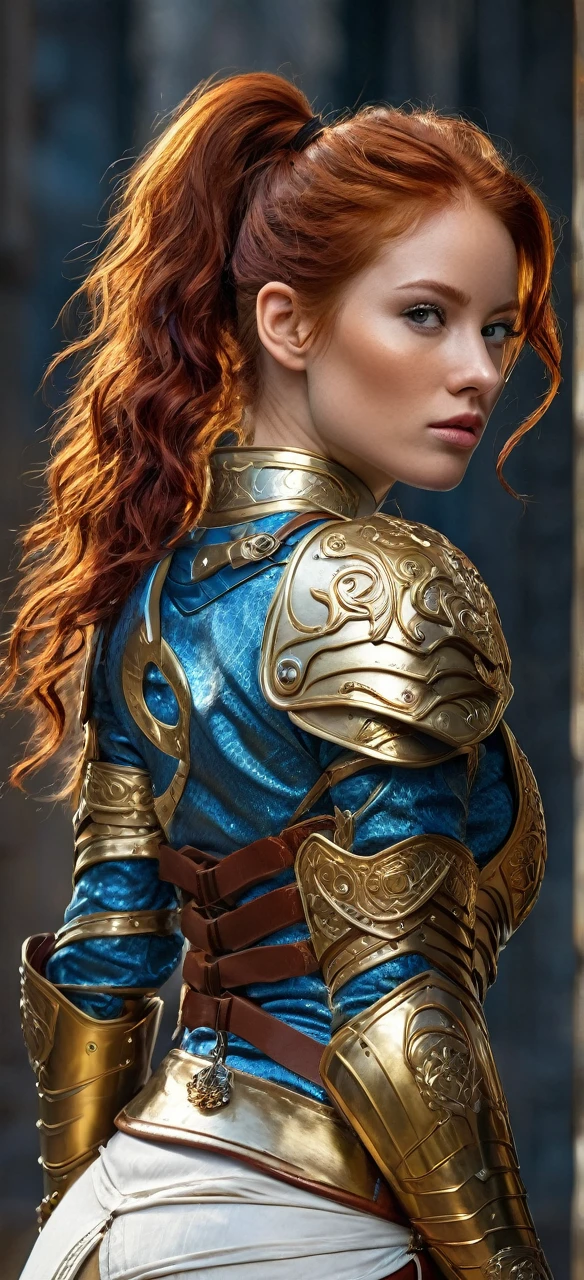 (8k, RAW photo, best quality, masterpiece:1.2), (realistic, photo-realistic:1.4), (extremely detailed CG unity 8k wallpaper), a full body (rogue:1.1) female wearing gold (leather armor:1.3), stiched worn out armor, (insanely detailed:1.5), gold and (white:1.5), Concept art portrait by Greg rutkowski, Artgerm, hyperdetailed intricately detailed gothic art trending on Artstation, fantastical, intricate detail, (small blue highlights:1), (redhead, wavy hair, high ponytail: 1.4)